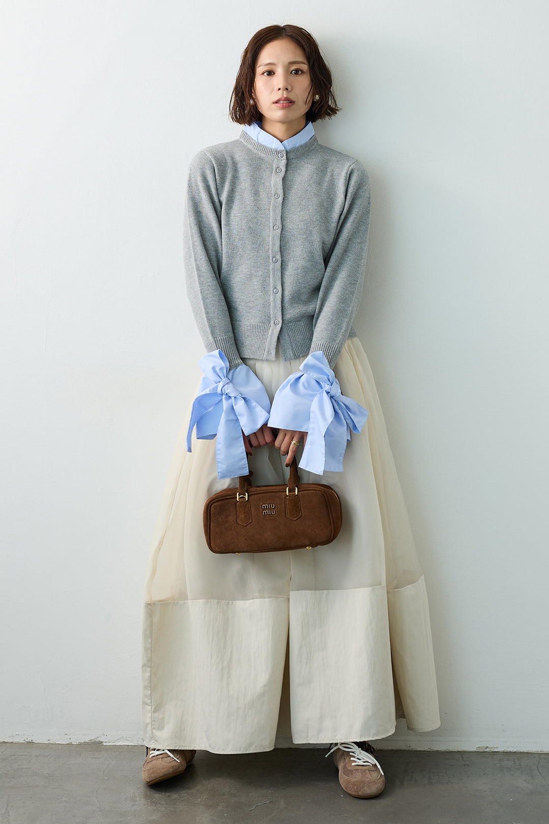 [予約/SET]BIGリボンカフスデザインニットドッキングカーデ+オーガンジー×タフタコクーンスカート(2set)