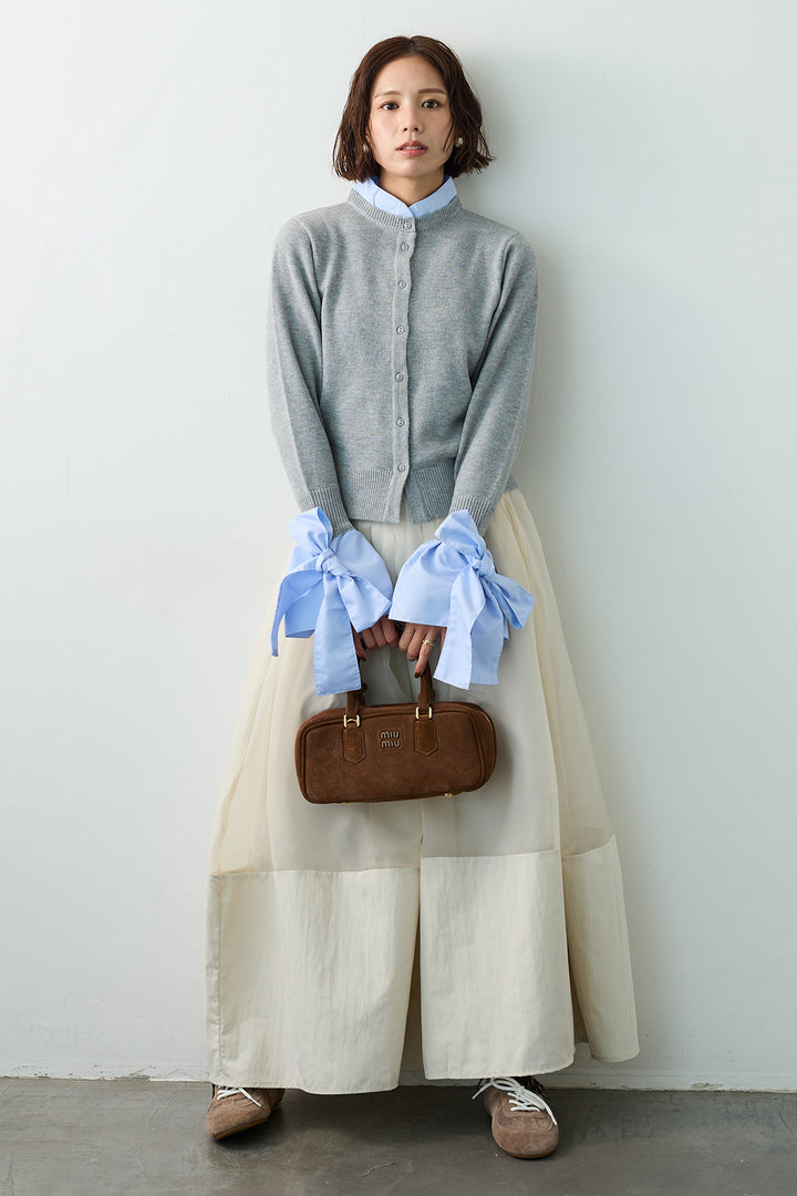 [予約/SET]BIGリボンカフスデザインニットドッキングカーデ+オーガンジー×タフタコクーンスカート(2set)