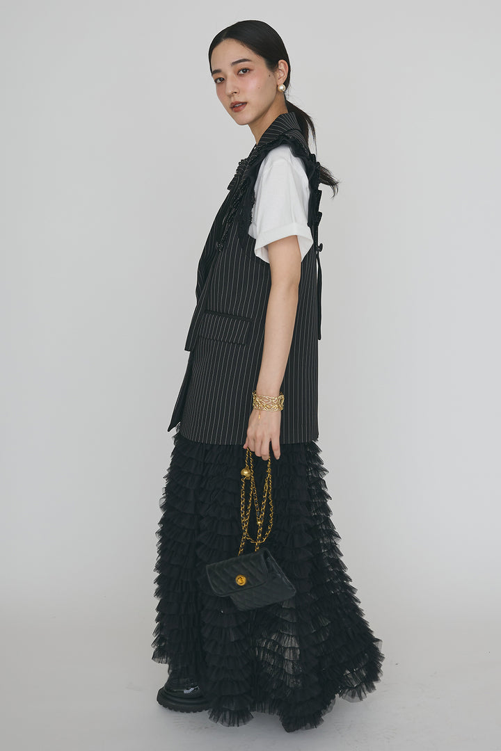 [予約/SET]ThecityロゴTシャツ+フリルショルダーテーラーマニッシュベスト+ホイップチュールティアードスカート(3set)