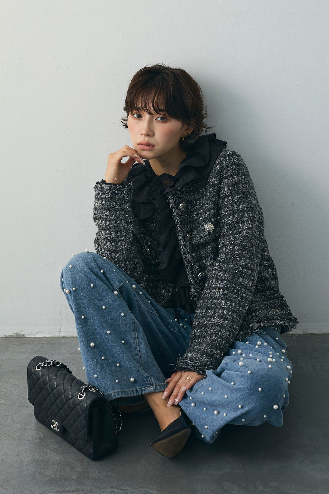 [予約/SET]エアリーラッフルフリルブラウス+フリンジツイードクラシカルジャケット+ランダムパールハイウエストストレートデニム(3set)