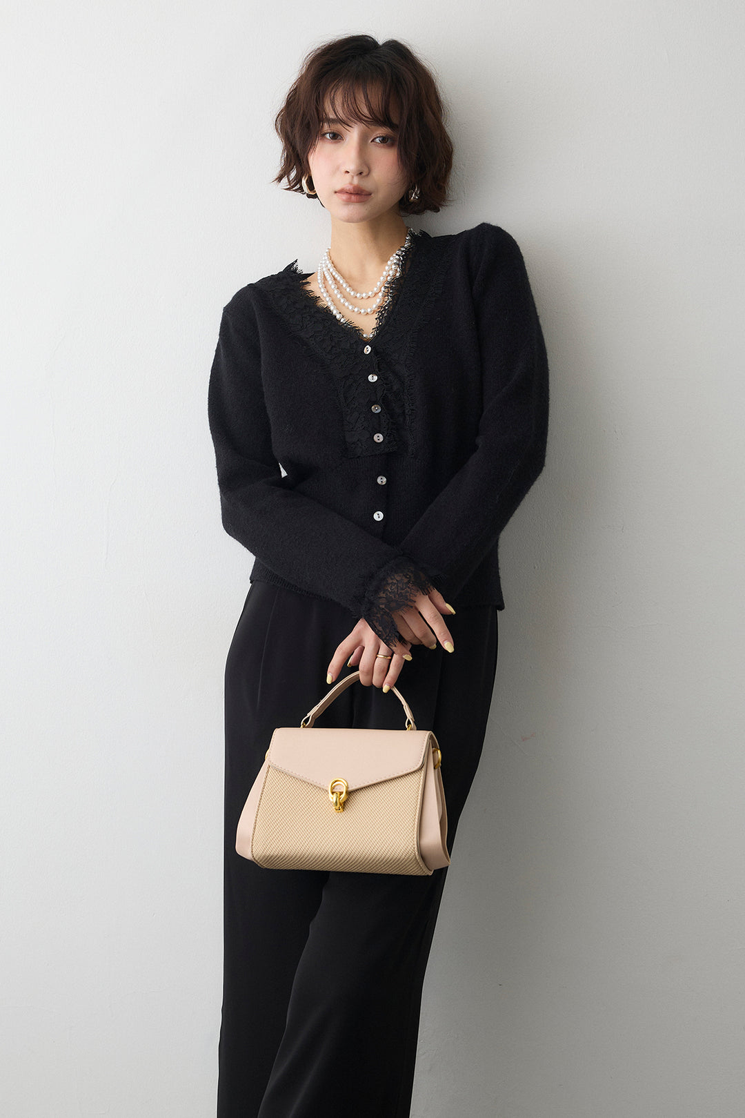 [予約/SET]レースVラインボタンニット+とろみドロストワイドパンツ(2set)