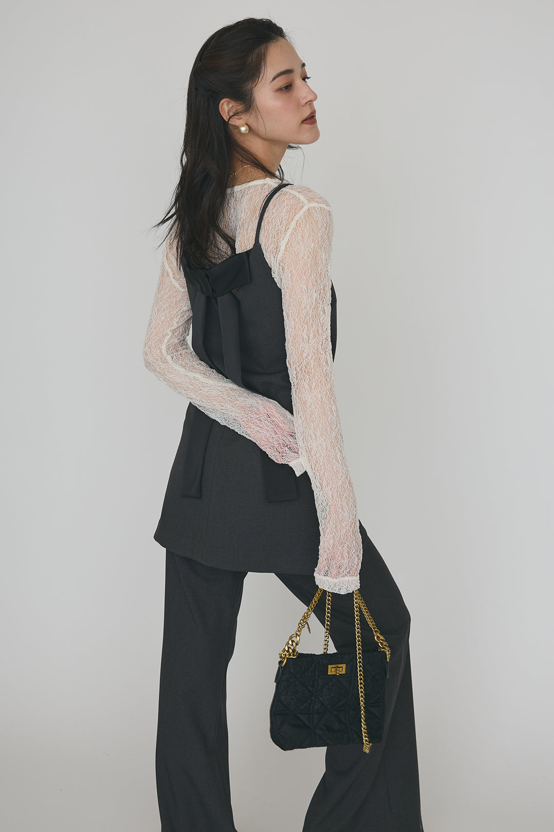 [予約/SET]ストレッチ繊細レーストップス+バックリボン美シルエットキャミチュニック+美脚セミフレアパンツ(3set)