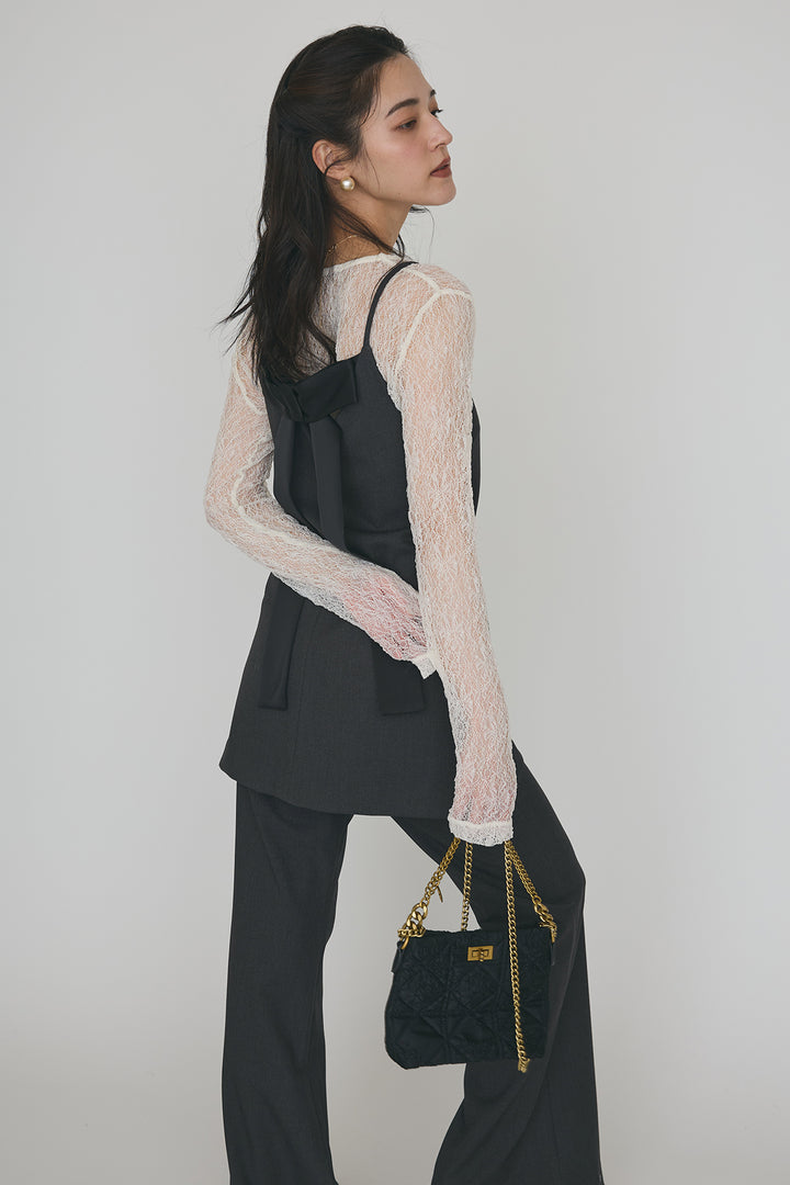 [予約/SET]ストレッチ繊細レーストップス+バックリボン美シルエットキャミチュニック+美脚セミフレアパンツ(3set)