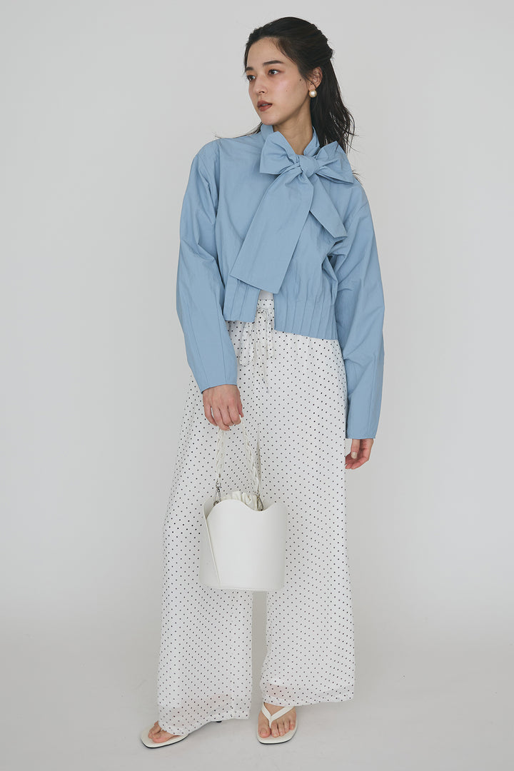 [予約/SET]フロントファスナーヘムタックボウタイブラウス+シアードットリラックスパンツ(2set)