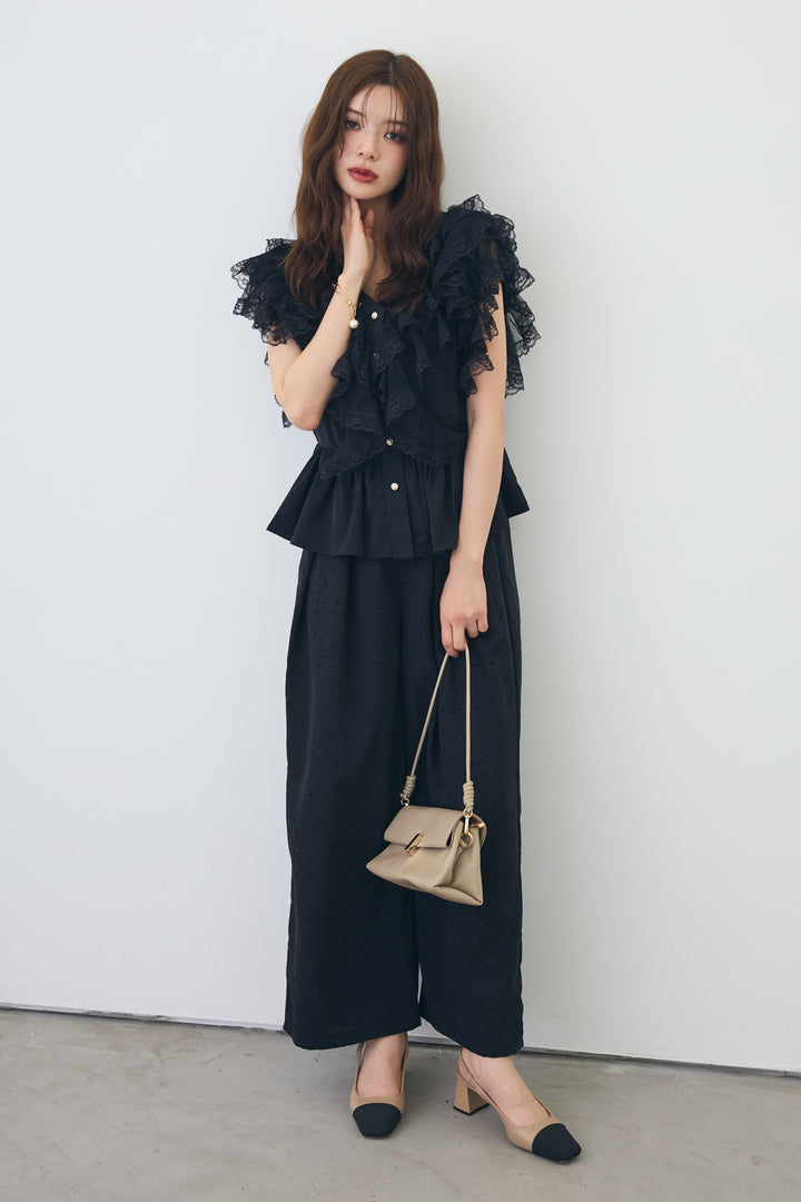 [予約/SET]ボリュームレースフリルラッフルブラウス+ドットツイルタックワイドパンツ(2set)