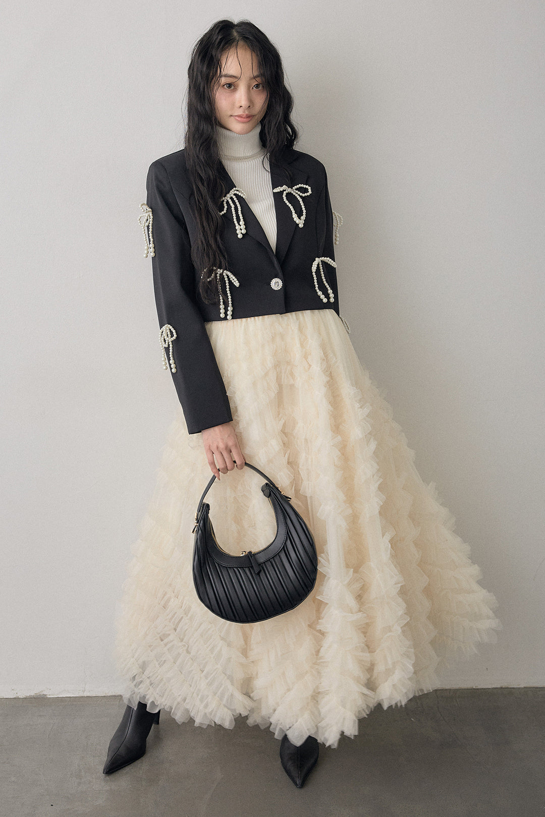 [予約/SET]パールリボンクロップドジャケット+スフレアシメチュールスカート(2set)