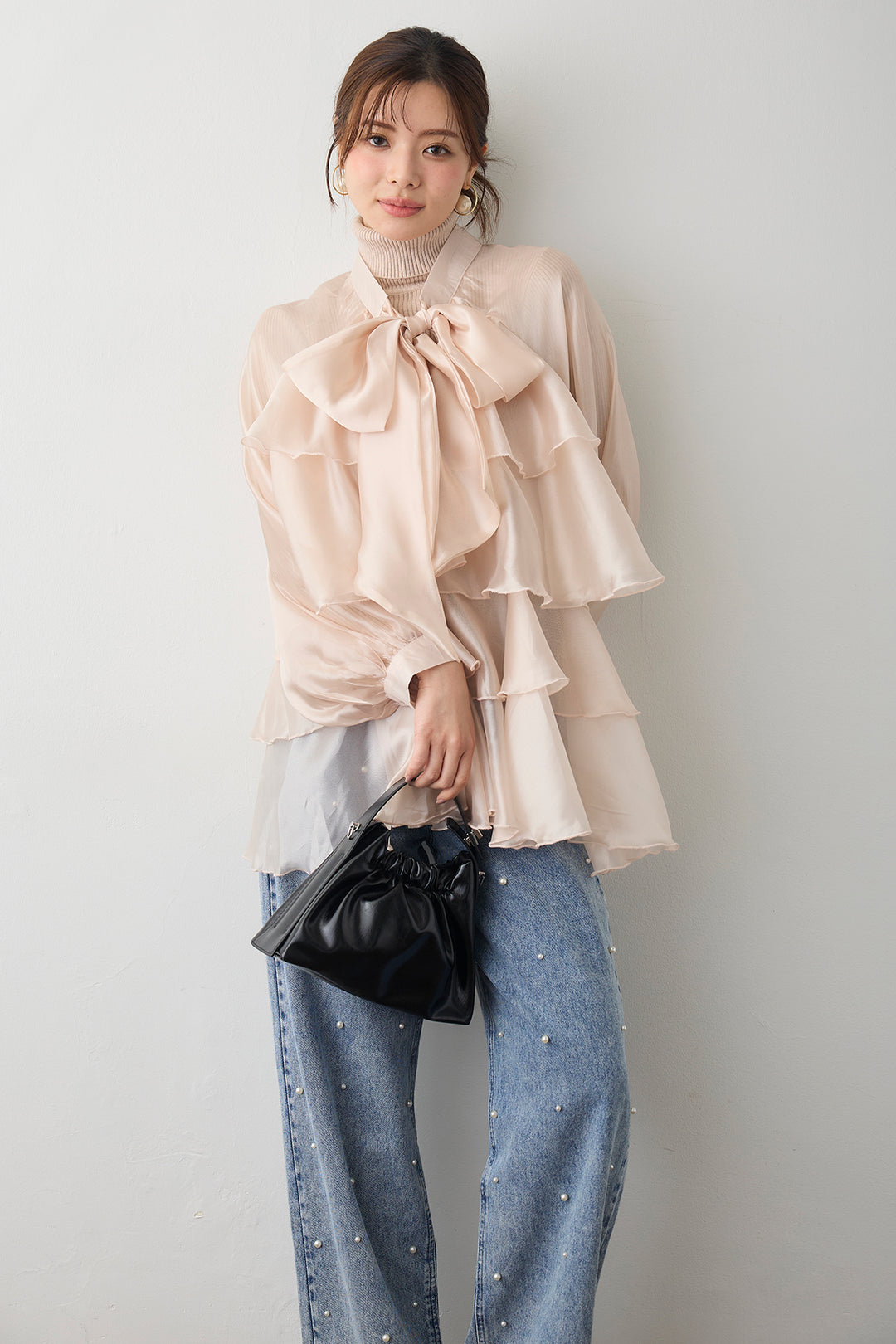 [予約/SET]ベーシックリブタートルニット+フロントBIGリボンティアードエアリーチュニック+パールスタッズストレートハイウエストデニム(3set)