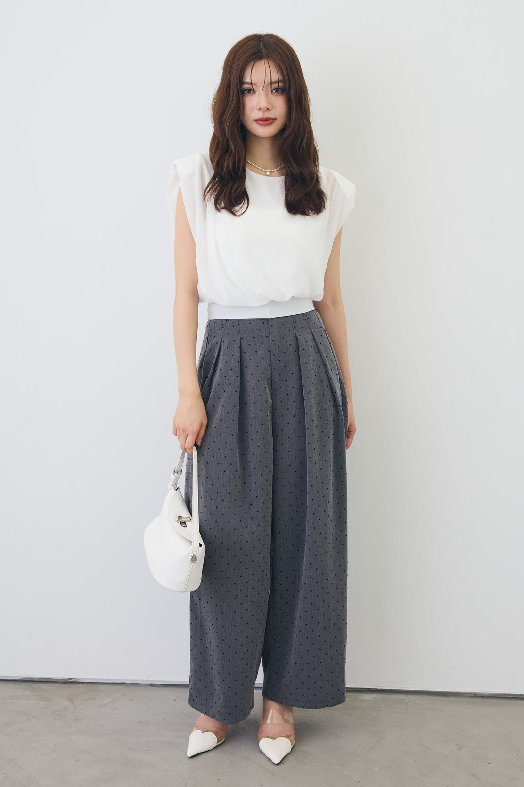 [予約/SET]バックリボンモードショルダーシフォンブラウス+ドットツイルタックワイドパンツ(2set)