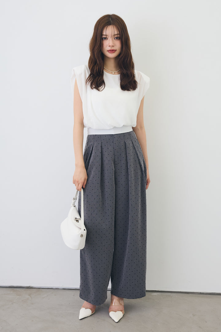 [予約/SET]バックリボンモードショルダーシフォンブラウス+ドットツイルタックワイドパンツ(2set)