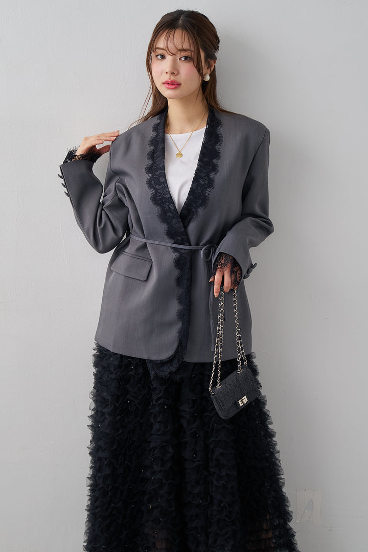 [予約/SET]カシュクールレースドッキングジャケット+パール付きホイップチュールスカート(2set)