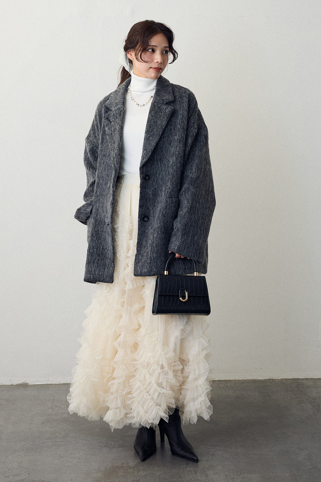 [予約/SET]シャギーミドル丈コート+スフレアシメチュールスカート(2set)