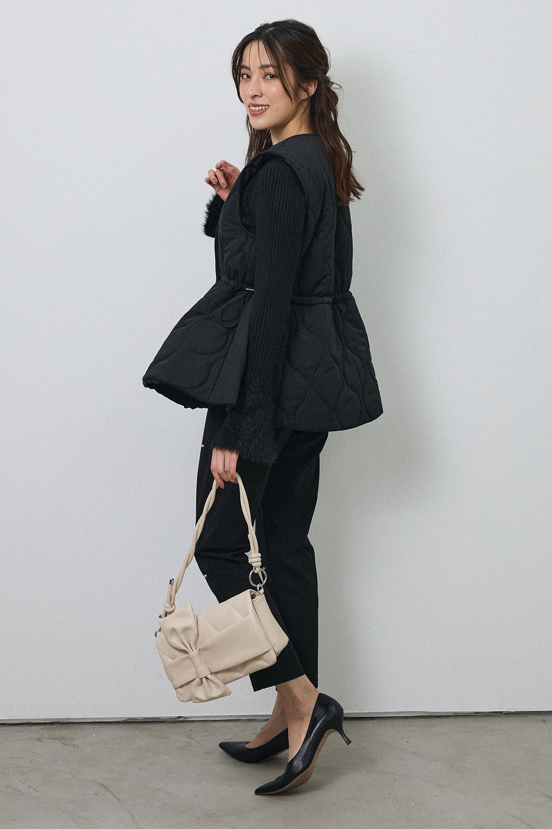 [予約/SET]フェザー切替スリーブフレアニット+キルティングフレアシルエットベスト(2set)