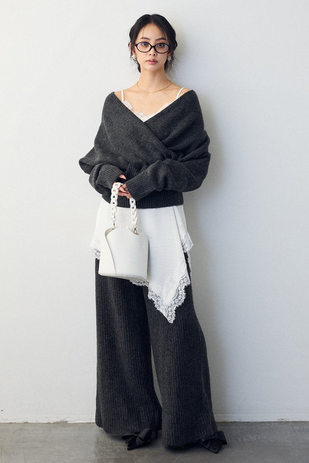 [予約/SET]カシュクール美ラインニットセットアップ+サテンレースアシメキャミ(2set)