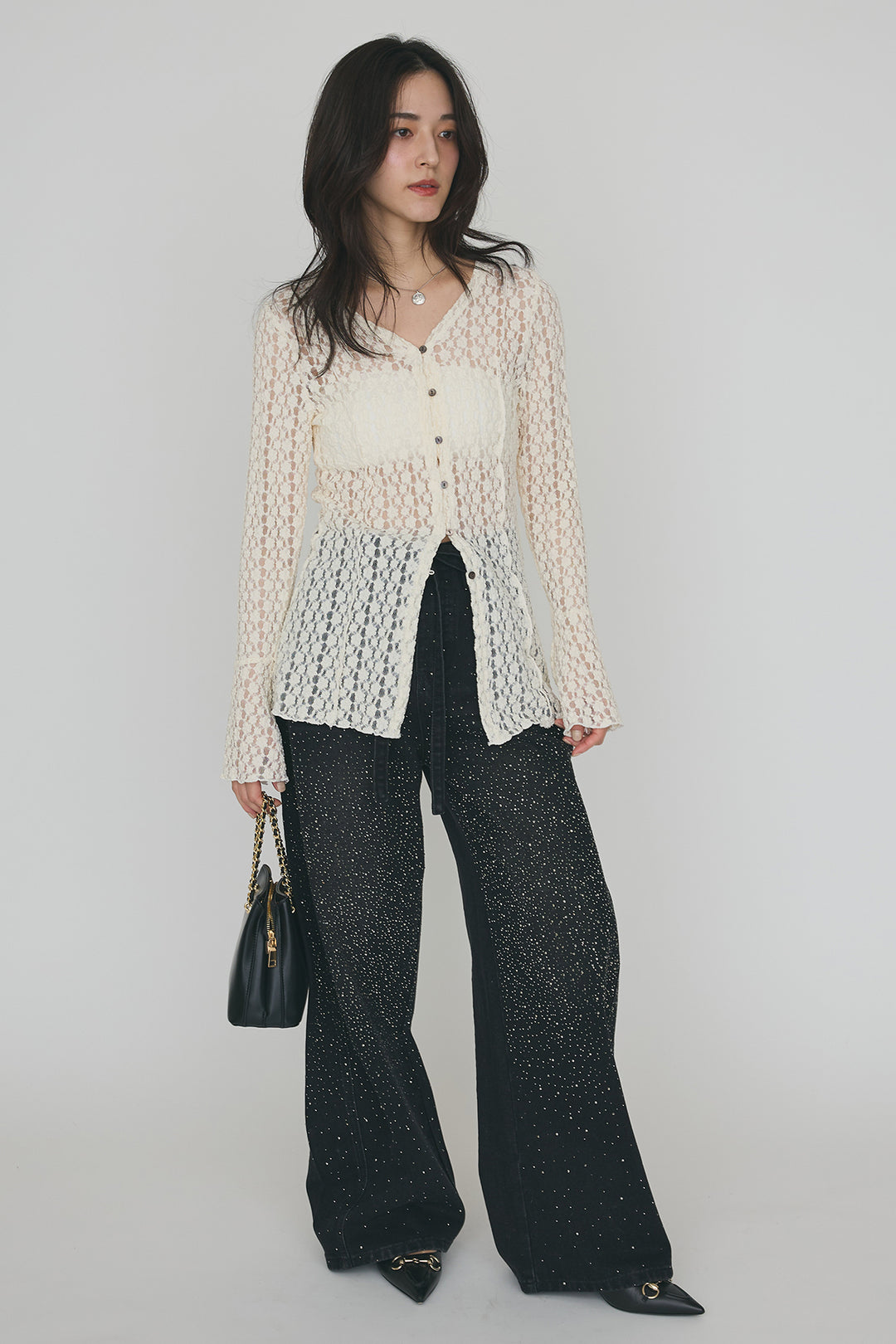 [予約/SET]カットレースフラワーVネックカーデ+ラインストーン美ラインデニム(2set)