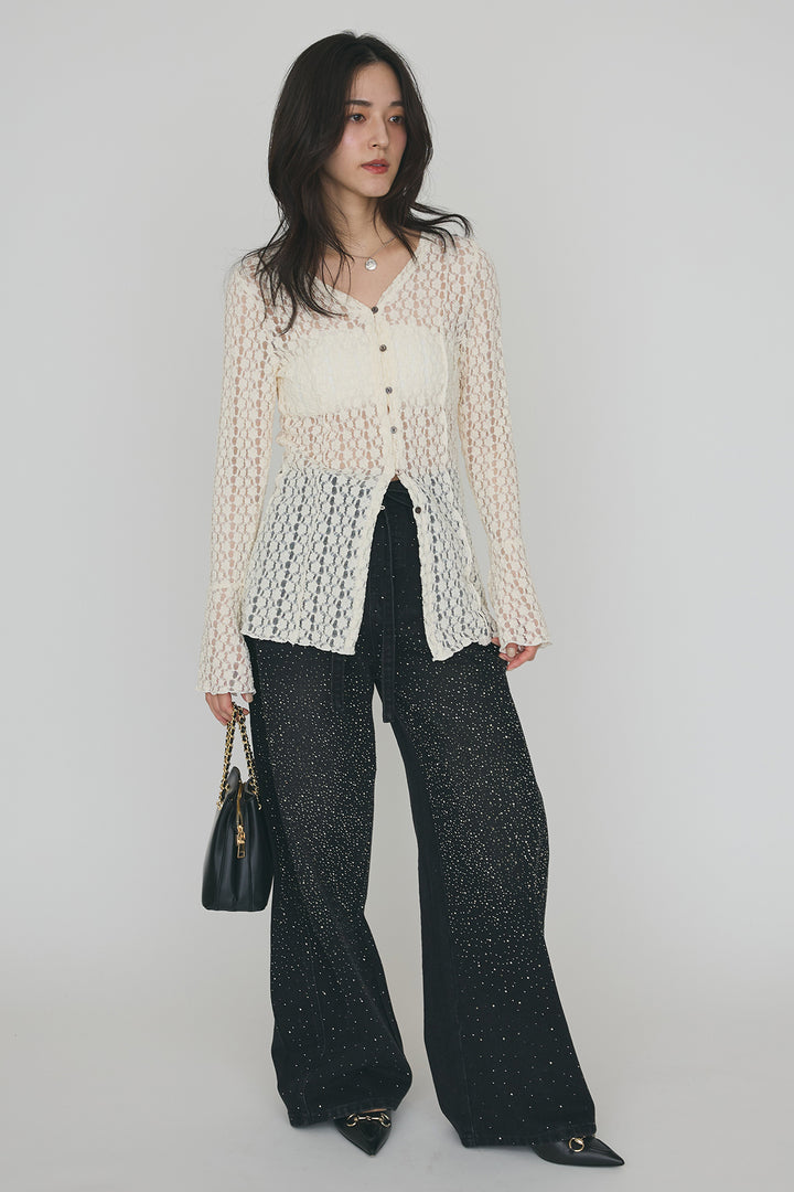 [予約/SET]カットレースフラワーVネックカーデ+ラインストーン美ラインデニム(2set)