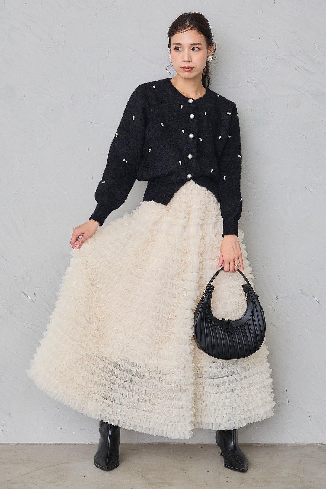 [予約/SET]ミックスパールシャギーコーディガン+ホイップチュールティアードスカート(2set)