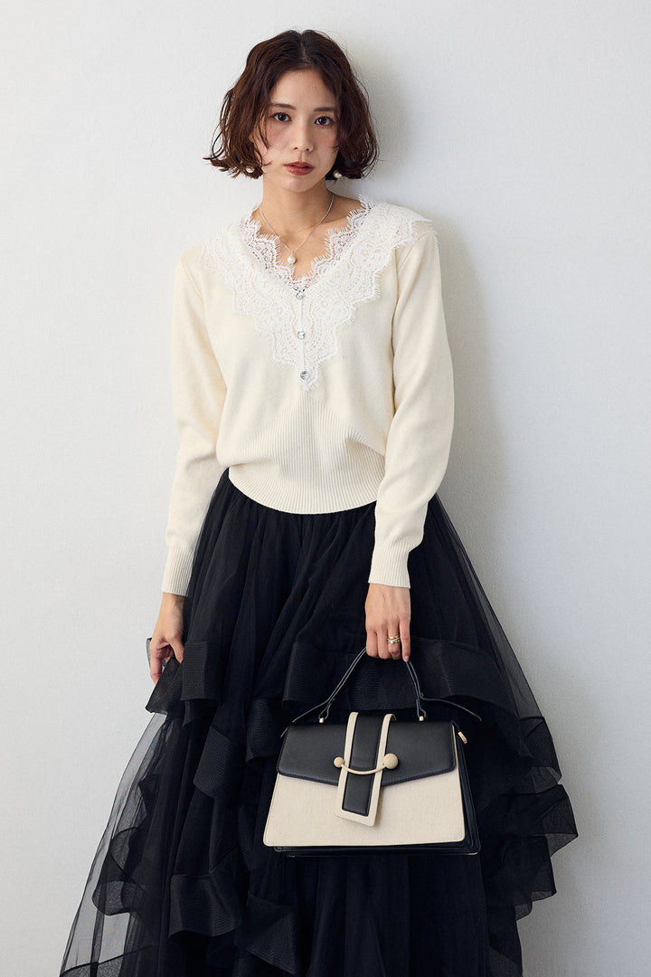 [予約/SET]Vレースデザインニットプルオーバー+ランダムフリルティアードボリュームスカート(2set)