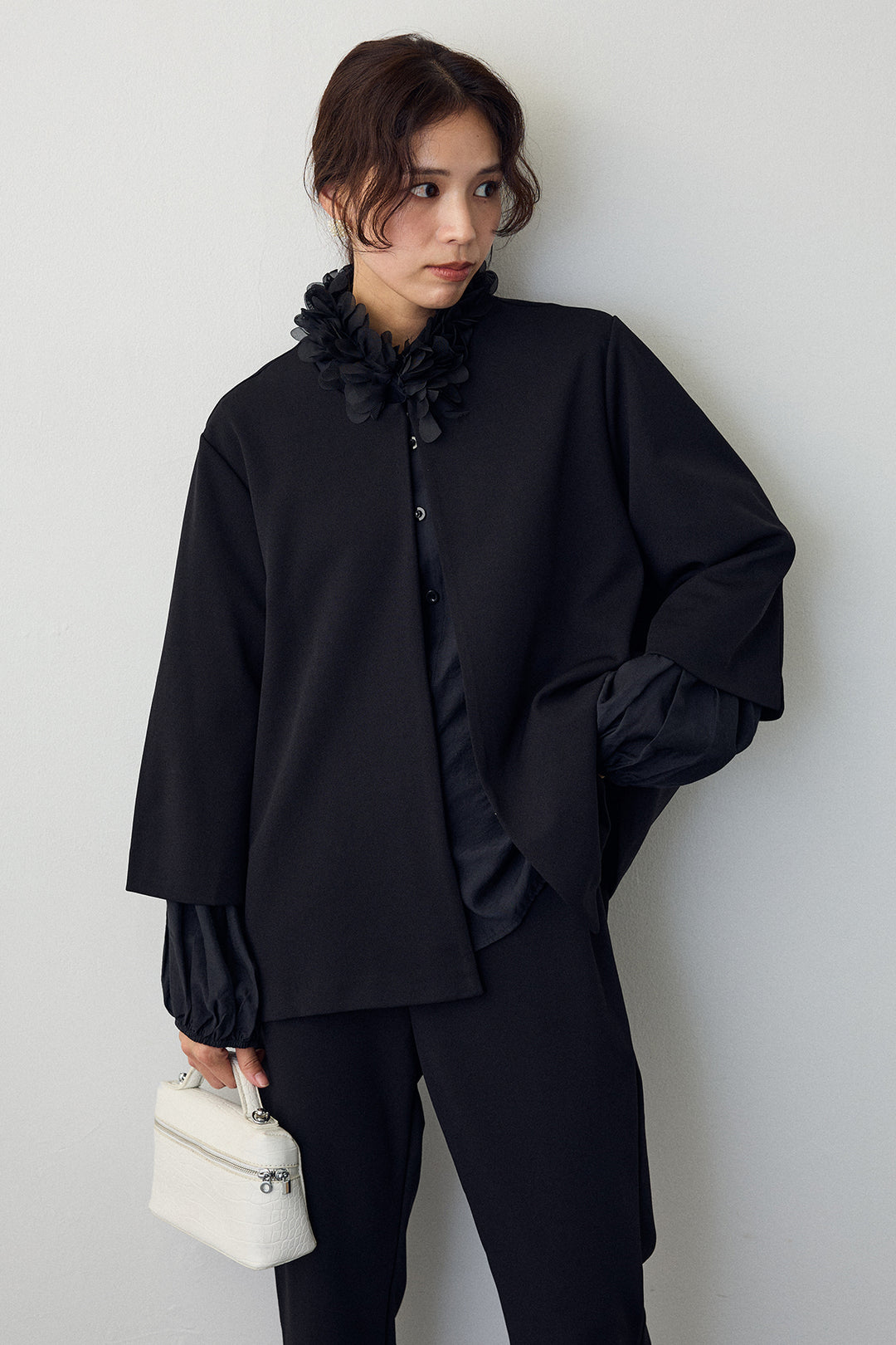 [予約/SET]フラワーフリルネックブラウス+ノーカラージョーゼットセットアップ(2set)