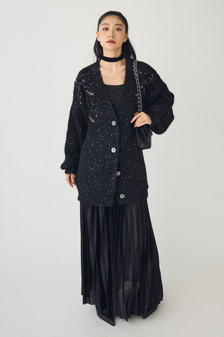 [予約/SET]ビーズフラワースパンコールシャイニーニットカーデ+シャイニープリーツサテンスカート(2set)