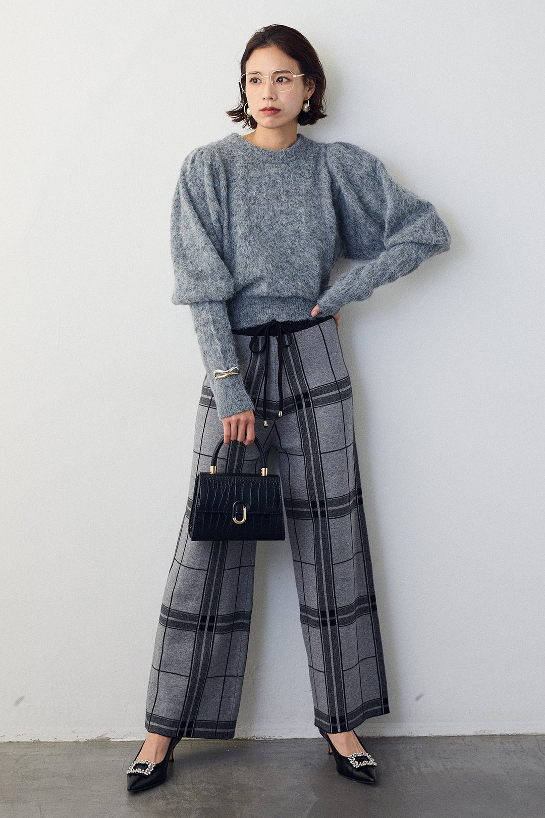 [予約/SET]モヘアパフスリーブプルオーバー+チェック柄ニットストレートパンツ(2set)