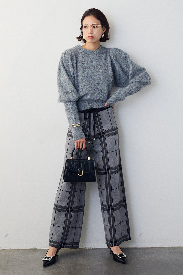 [予約/SET]モヘアパフスリーブプルオーバー+チェック柄ニットストレートパンツ(2set)