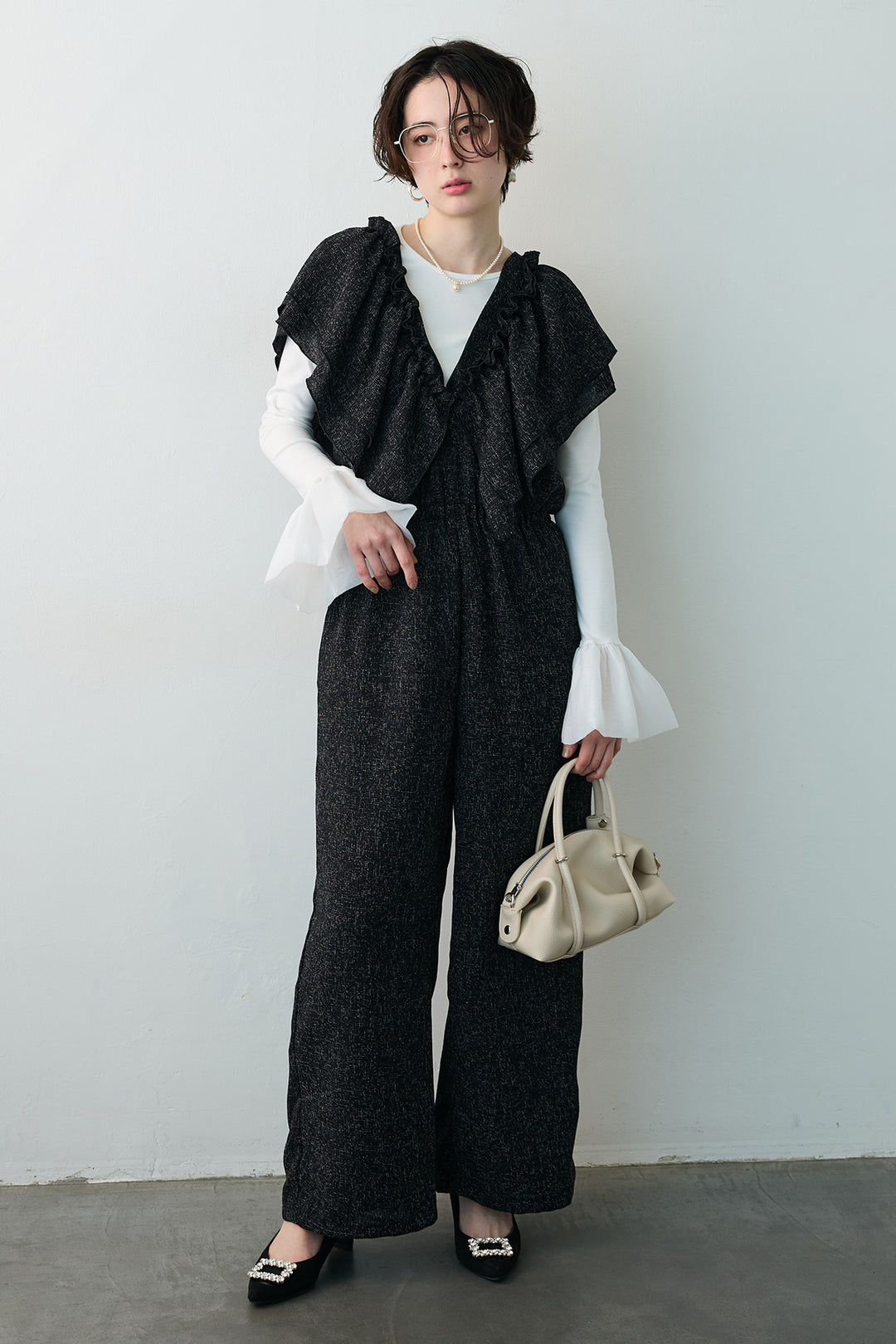 [予約/SET]サイドギャザーフレアチュールカフストップス+サマーツイードマルチウェイロンパース(2set)