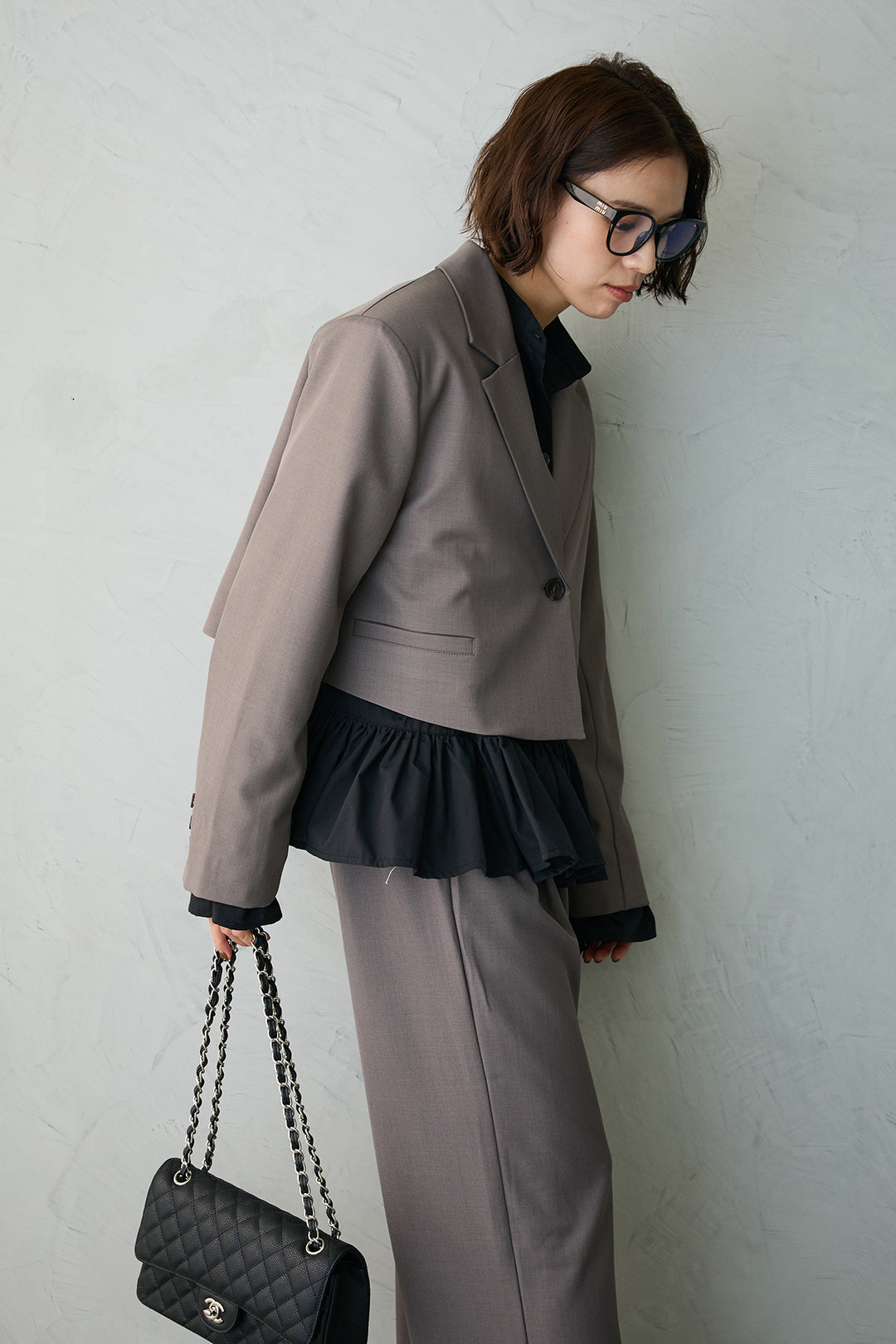 [予約/SET]フリルヘムスリーブブラウス+クロップドマニッシュシンプルジャケット+ツイルシンプルストレートパンツ(3set)