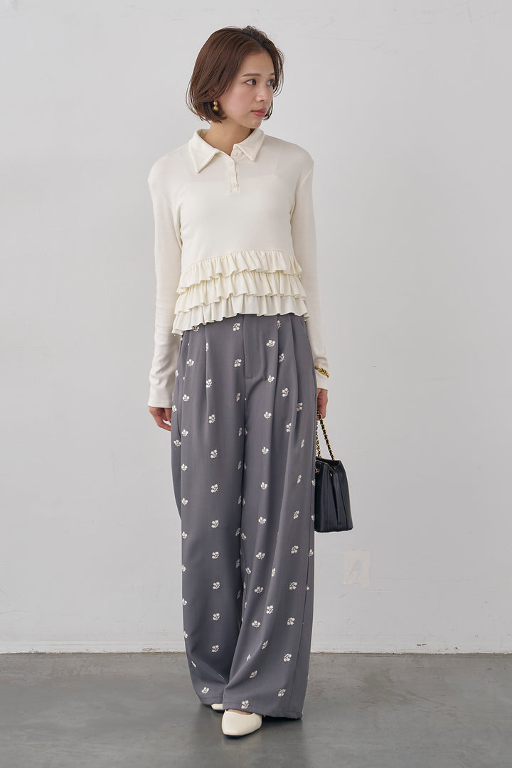 [予約/SET]フリルヘムポロカラープルオーバー+フラワー刺繍ツイルストレートパンツ(2set)