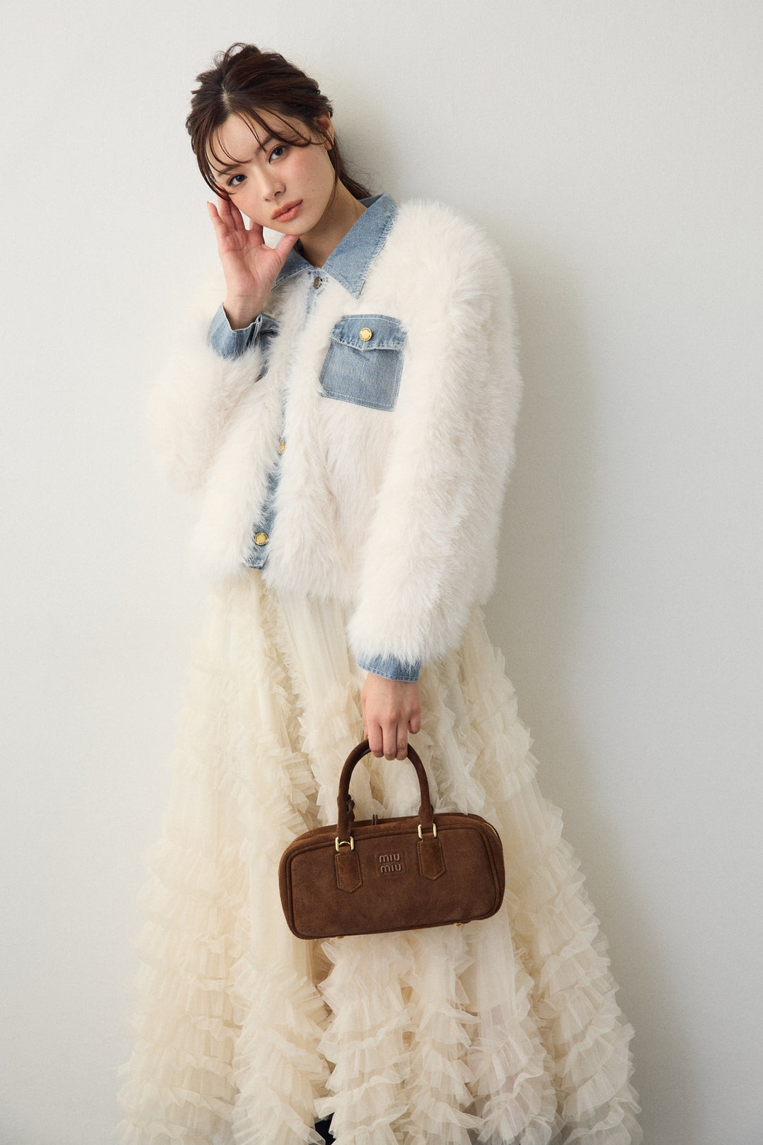 [予約/SET]デニムシャツドッキングファージャケット+スフレアシメチュールスカート(2set)