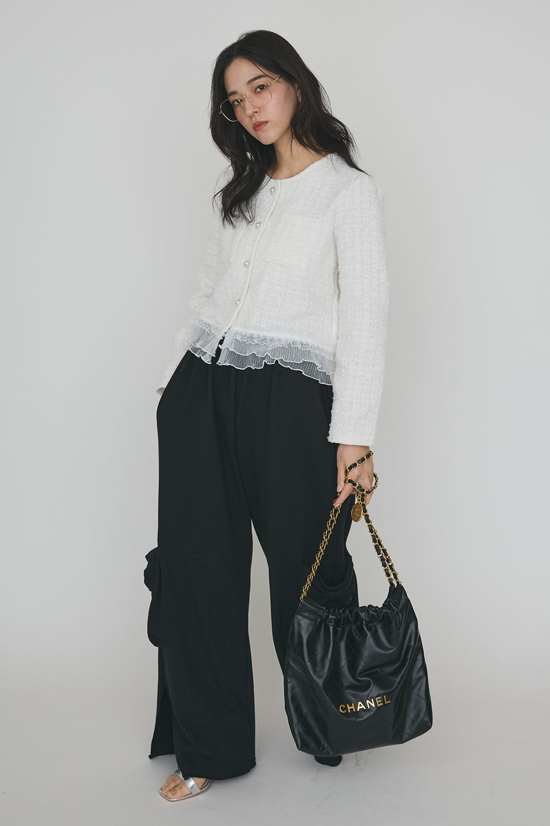 [予約/SET]プリーツフリルヘムライトツイードジャケット+ライトスウェットサイドリボンパンツ(2set)