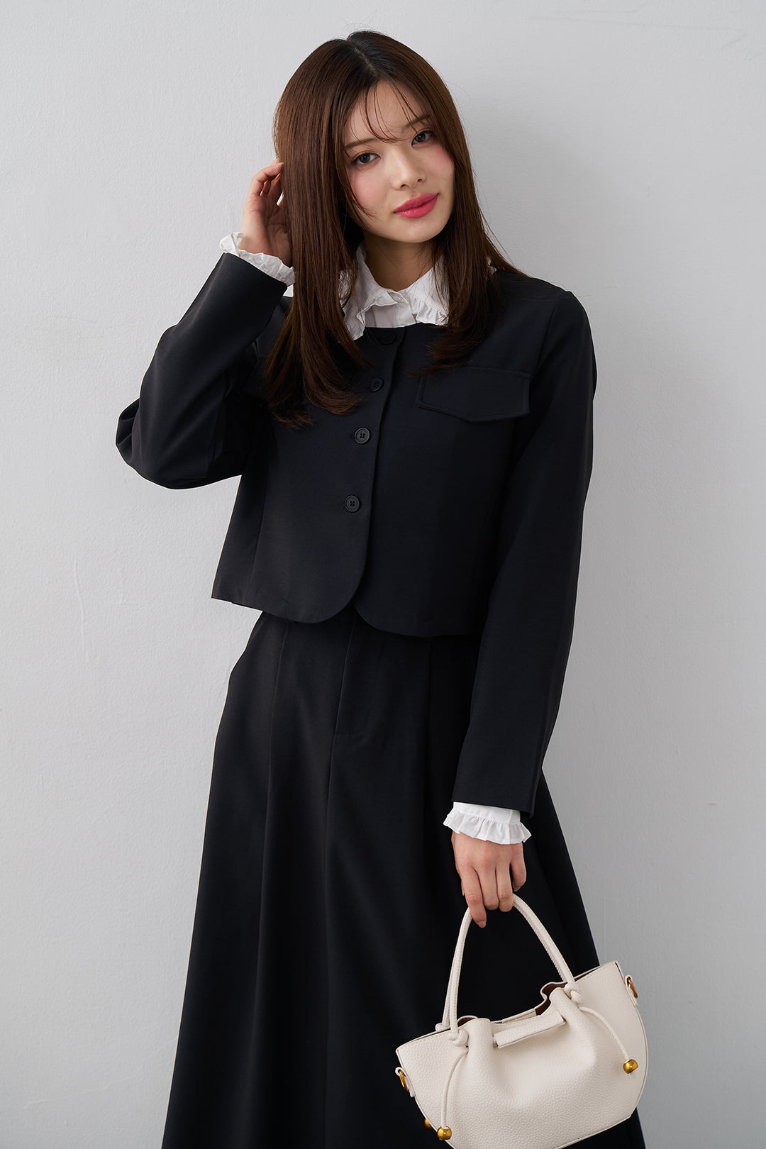 [予約/SET]ミニフリル襟ボリュームスリーブブラウス+ノーカラークロップドジャケットスカートセット(2set)
