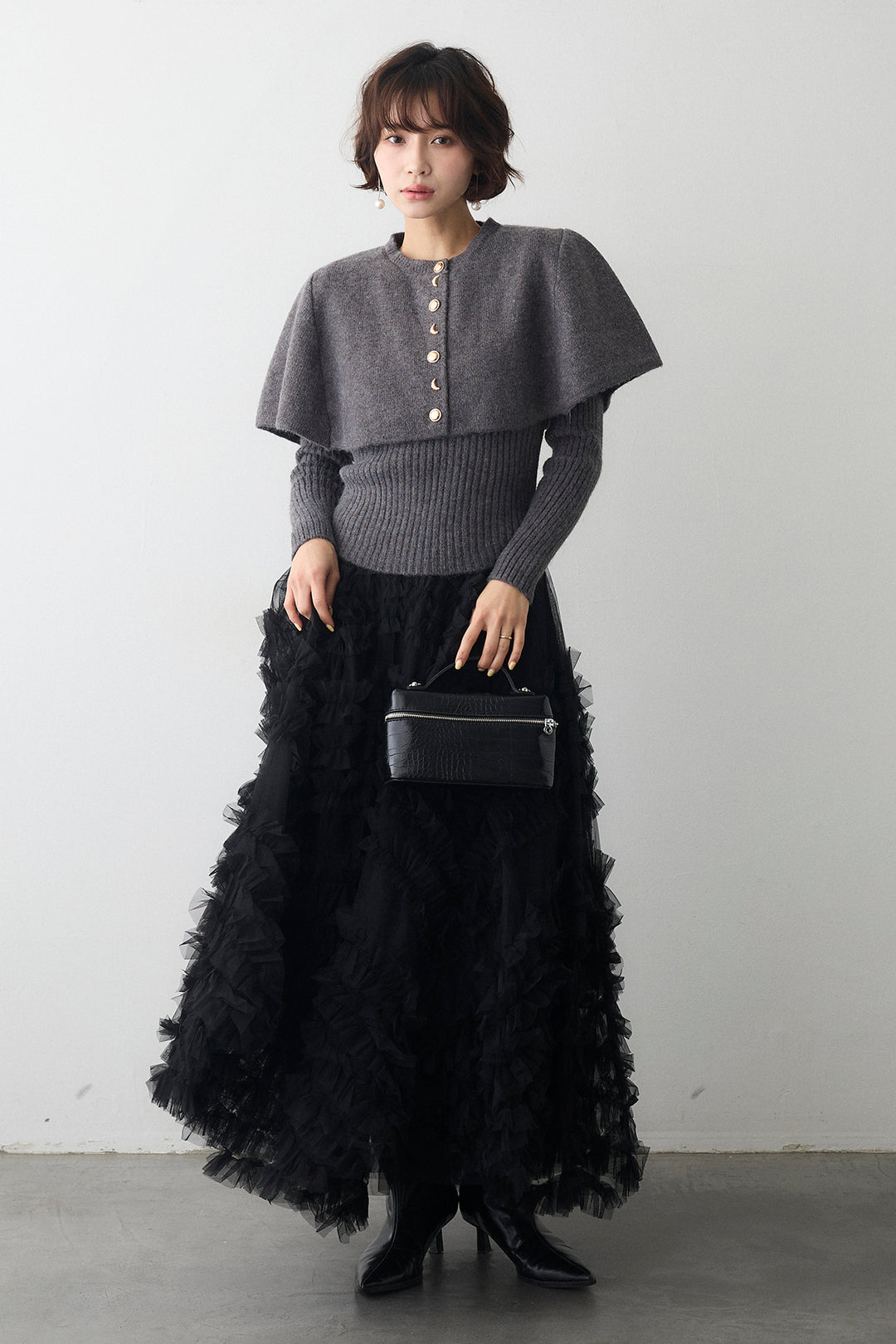 [予約/SET]ミックス釦ケープ2wayニット+スフレアシメチュールスカート(2set)