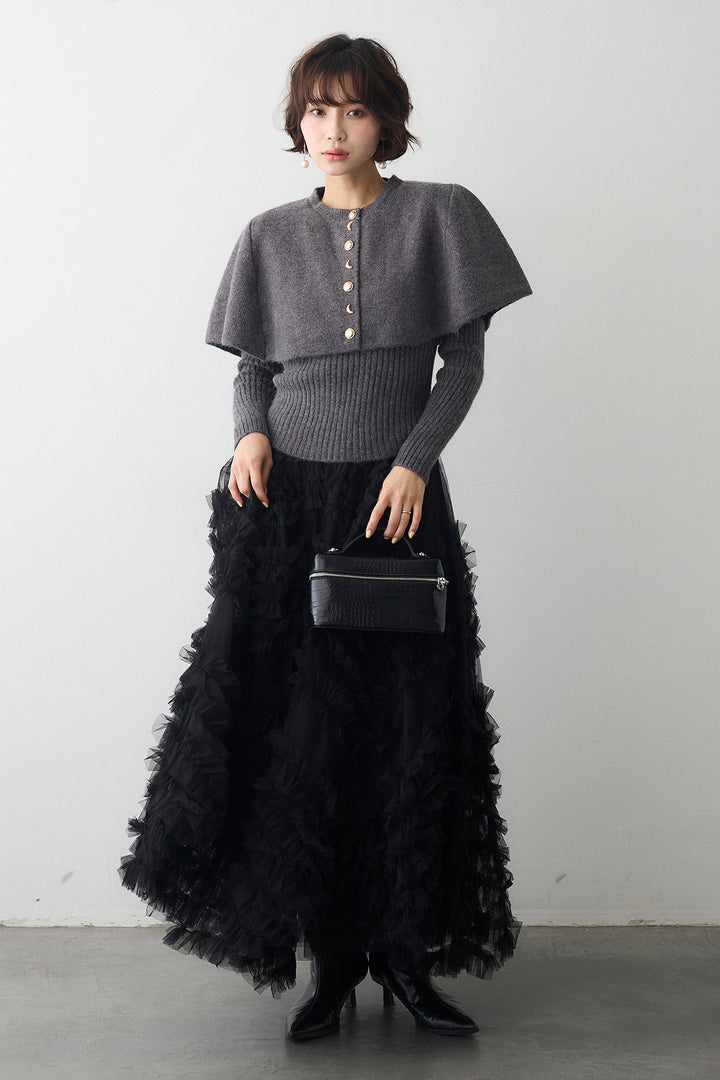 [予約/SET]ミックス釦ケープ2wayニット+スフレアシメチュールスカート(2set)