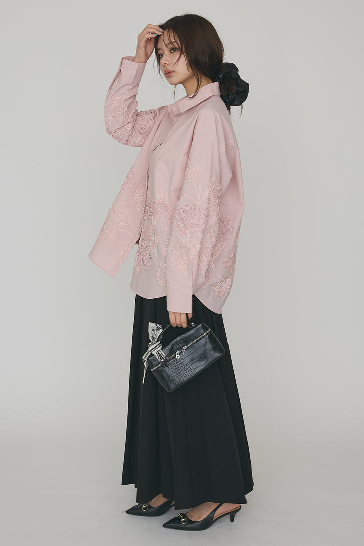 [予約/SET]フラワー刺繍モチーフオーバーシャツ+ギャザーフレア綿タッチスカート(2set)