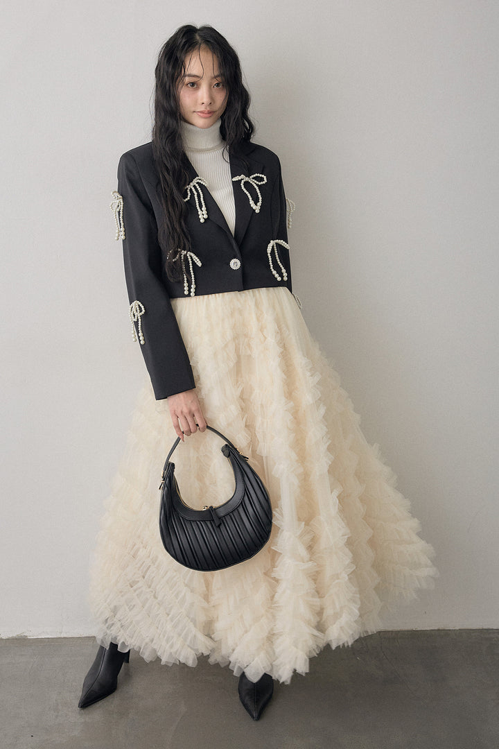 [予約/SET]ベーシックリブタートルニット+パールリボンクロップドジャケット+スフレアシメチュールスカート(3set)