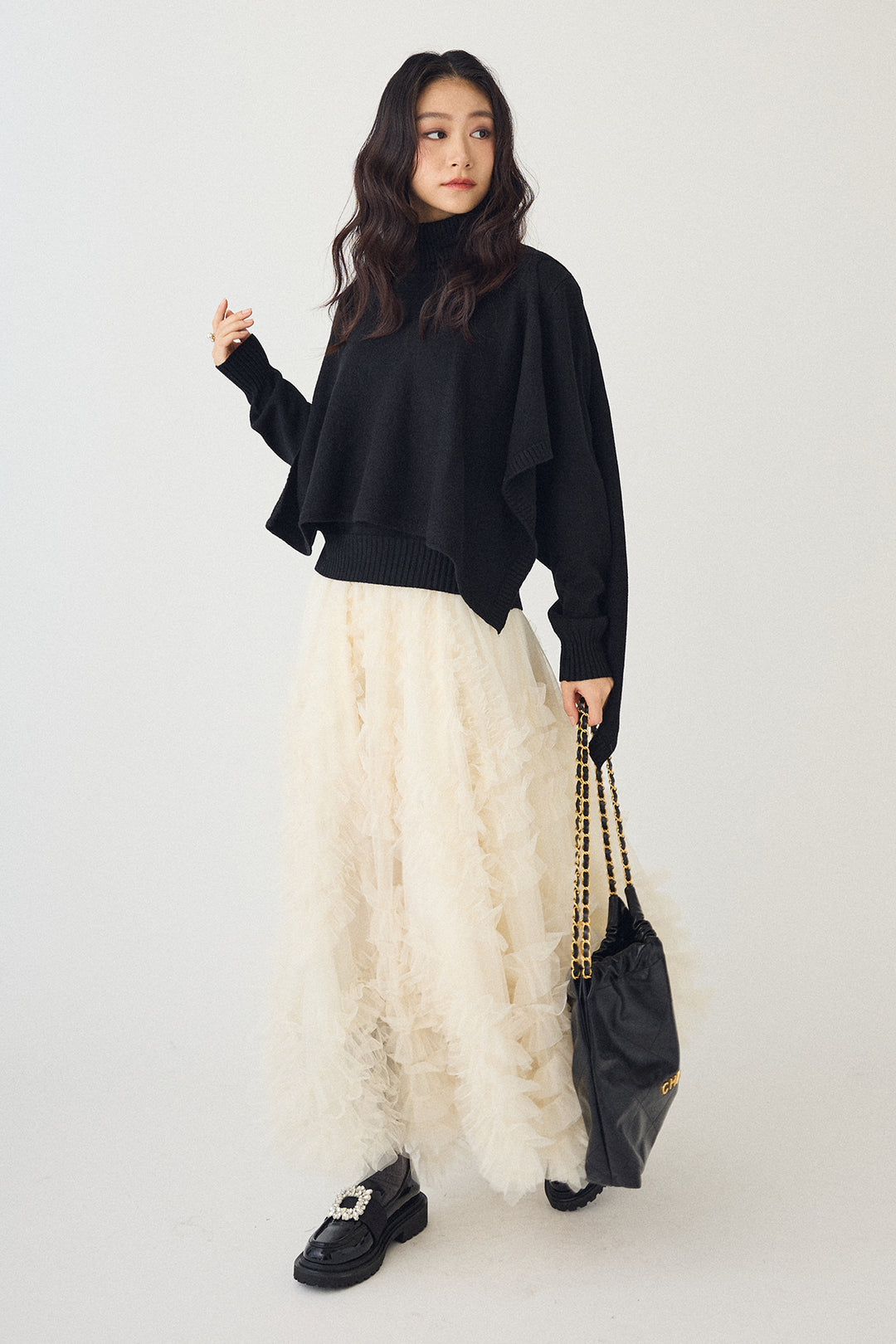 [予約/SET]アシメケープ2wayニット+スフレアシメチュールスカート(2set)