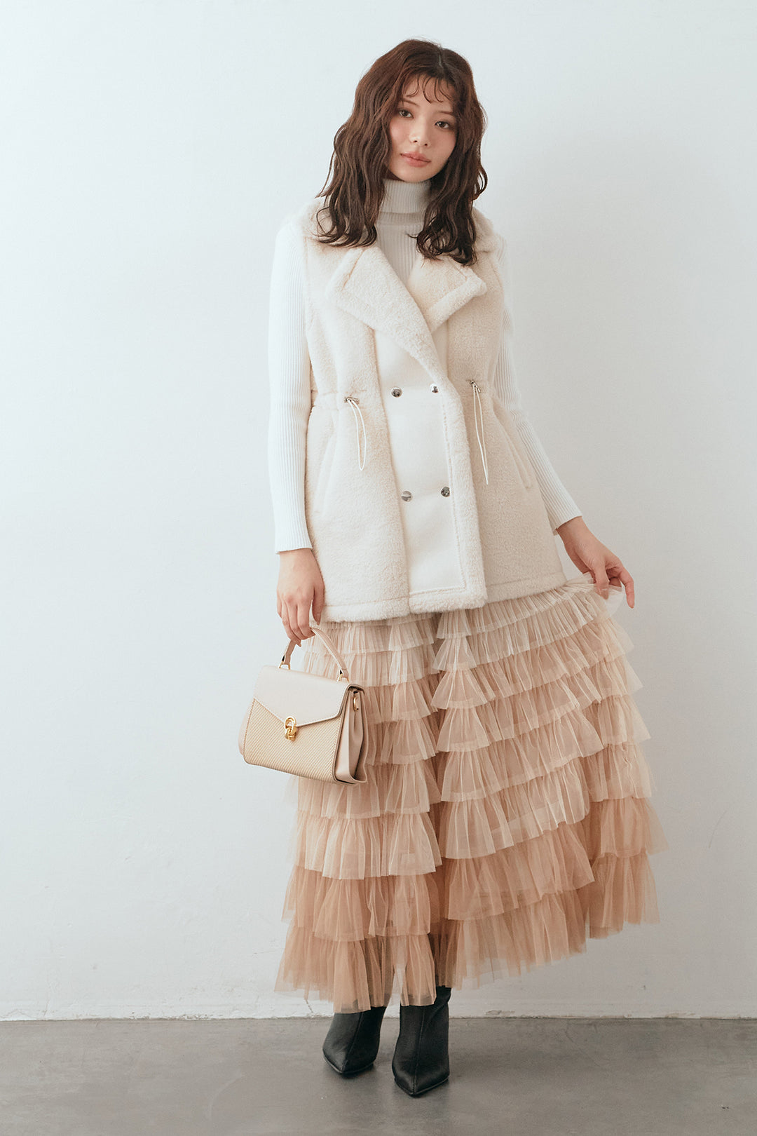 [予約/SET]ベーシックリブタートルニット+テディボアウエストドロストベスト+グラデーションチュールティアードスカート(3set)