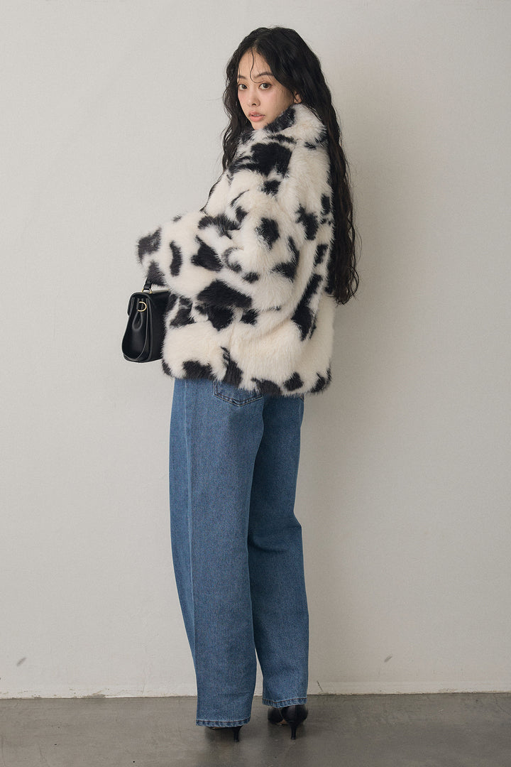 [予約/SET]COW柄スタンドファーライクコート+ウエストアシメデニムパンツ(2set)