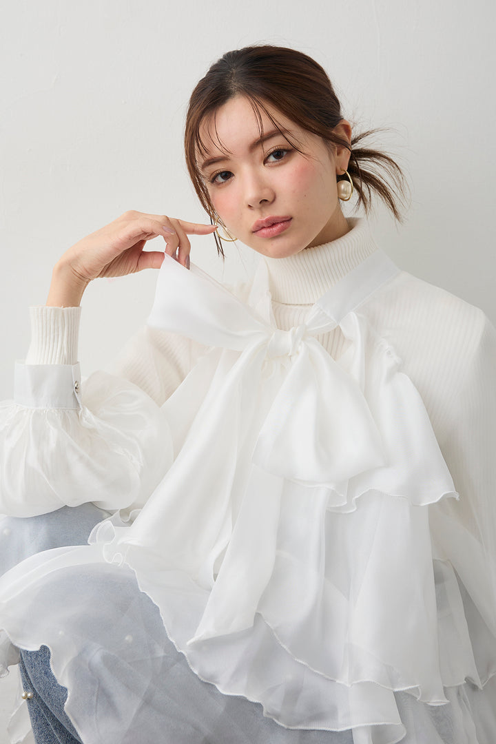 [予約/SET]フロントBIGリボンティアードエアリーチュニック+パールスタッズストレートハイウエストデニム(2set)