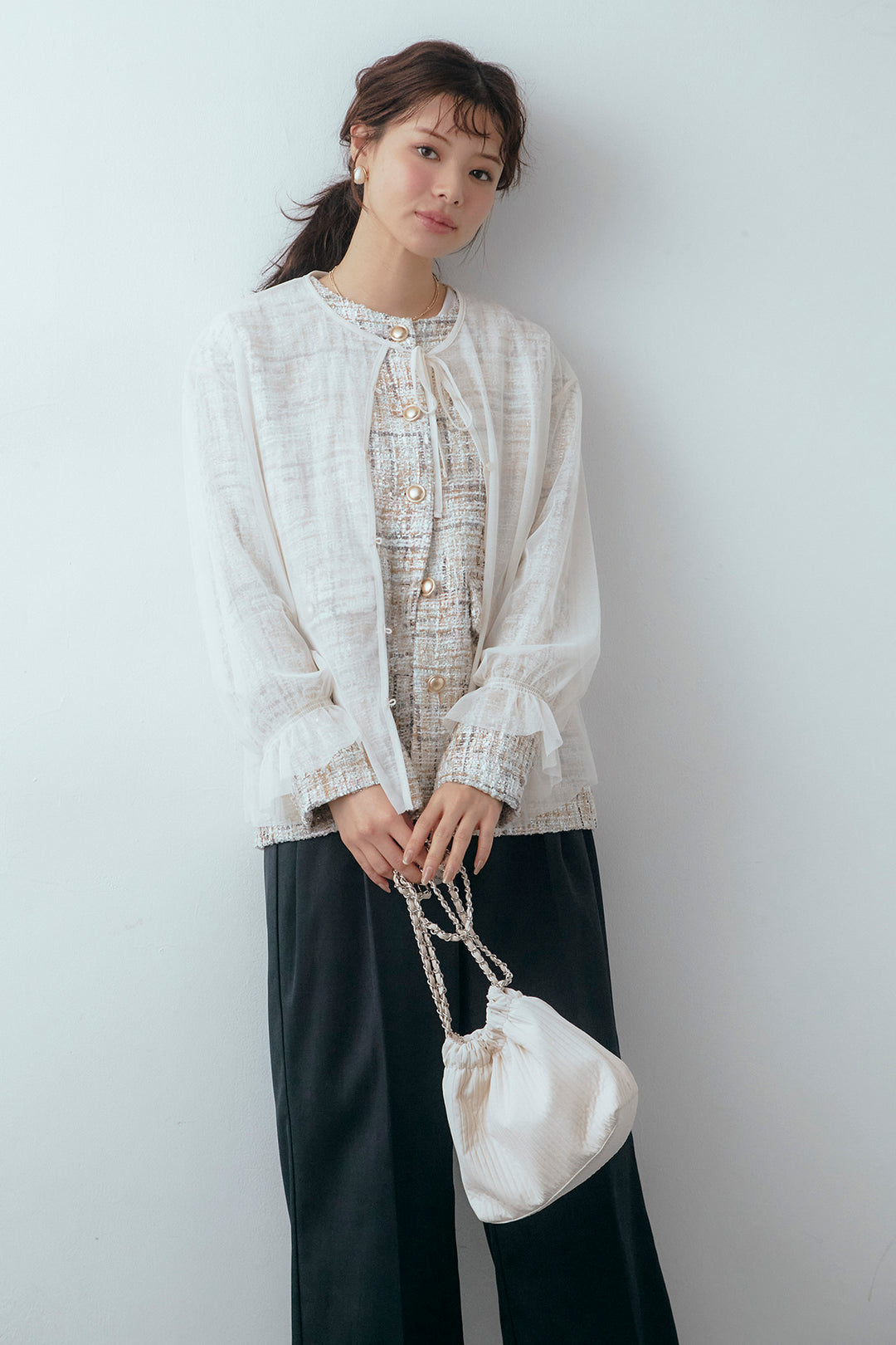 [予約/SET]2wayチュールレイヤードツイードジャケット+スプリングカラータックストレートパンツ(2set)