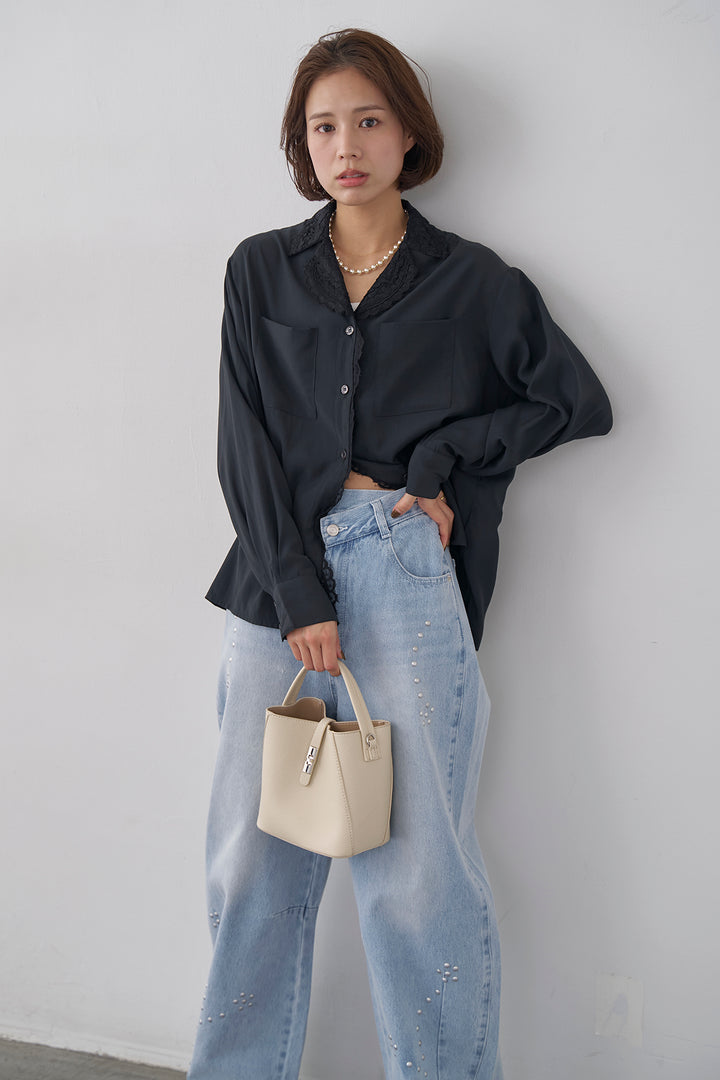 [予約/SET]クラシックレーストリムブラウス+スタッズアシメカーブデニムパンツ(2set)