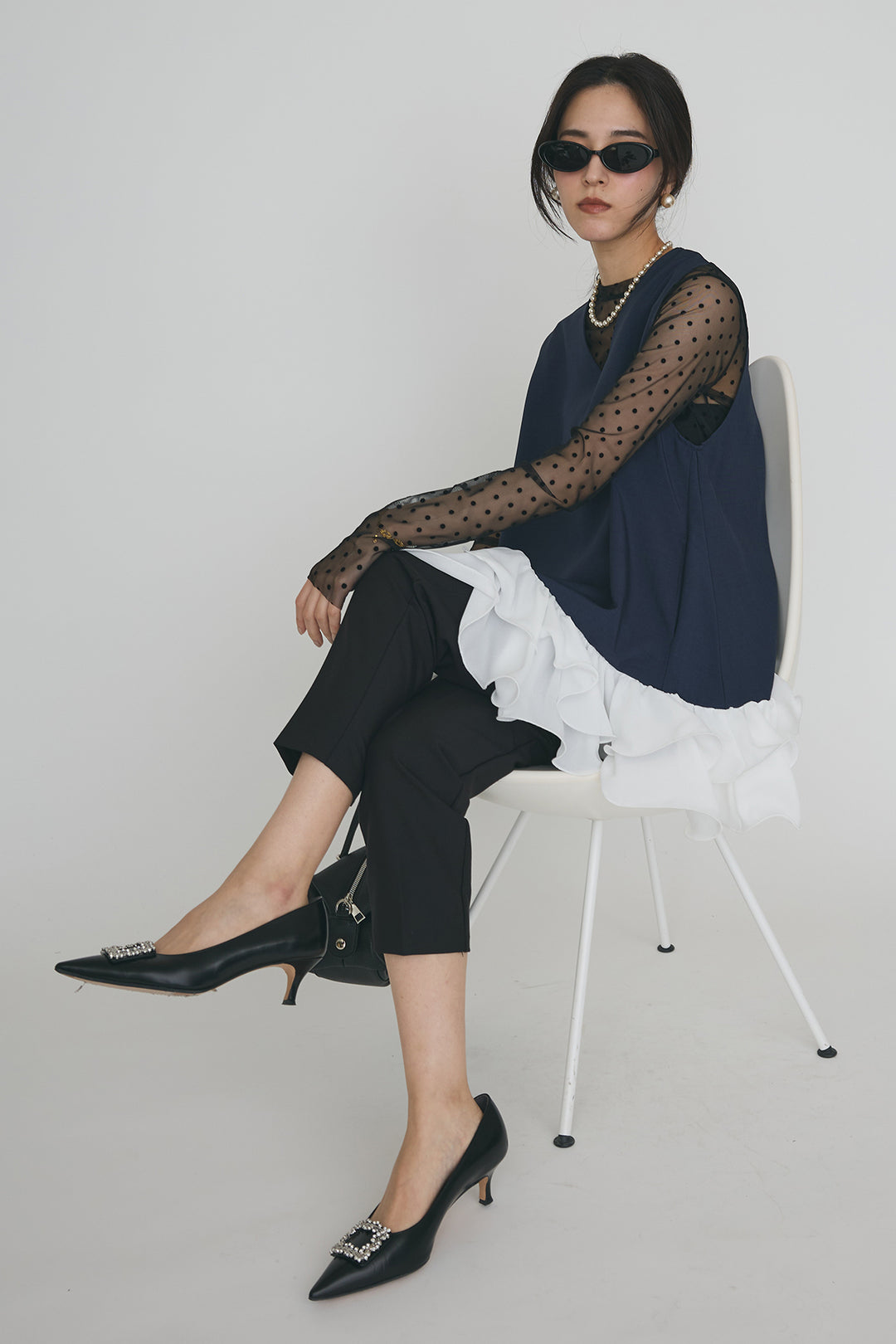 [予約/SET]異素材フリルヘムVネックチュニック+タックテーパードパンツ(2set)