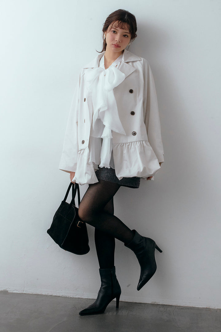 [予約/SET]フロントBIGリボンティアードエアリーチュニック+バルーンヘムミディ丈トレンチコート+メランジニットショートパンツ(3set)