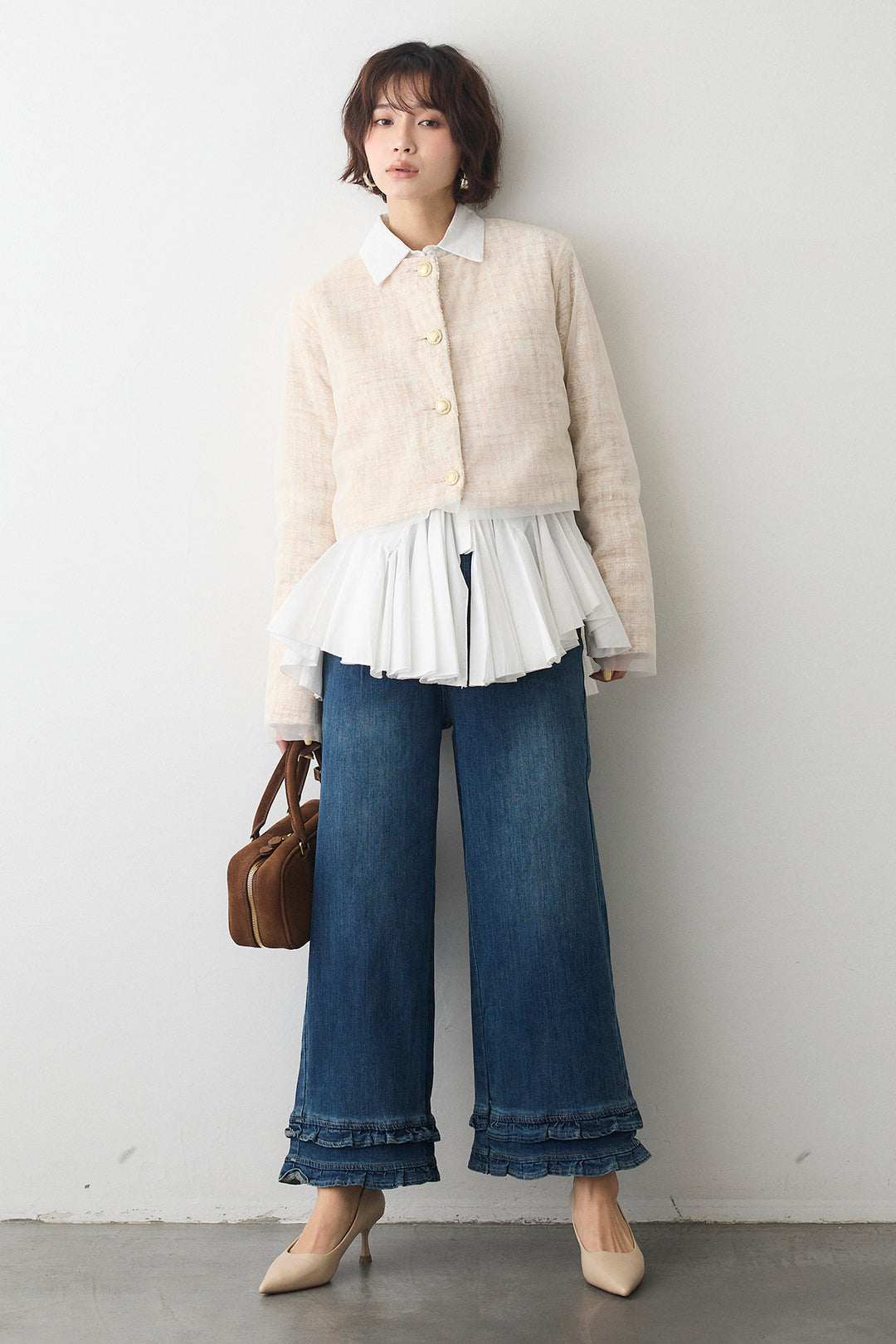 [予約/SET]パネルフレアヘムシャツ+ツイード×チュールレイヤードクロップドジャケット(2set)