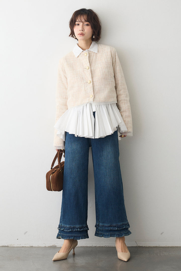 [予約/SET]パネルフレアヘムシャツ+ツイード×チュールレイヤードクロップドジャケット(2set)