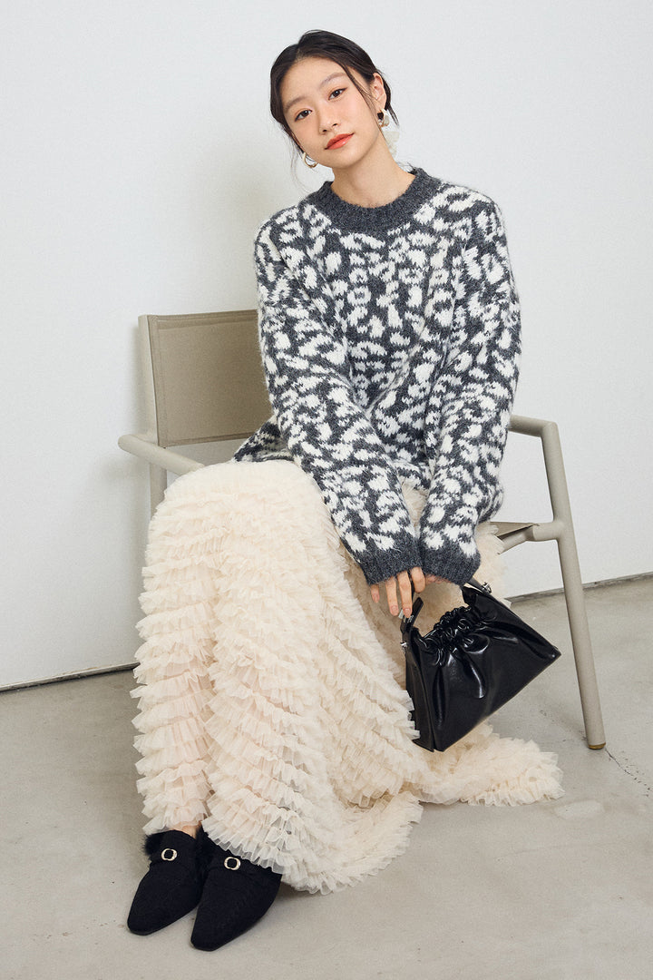 [予約/SET]レオパードクルーネックニットプルオーバー+ホイップチュールティアードスカート(2set)