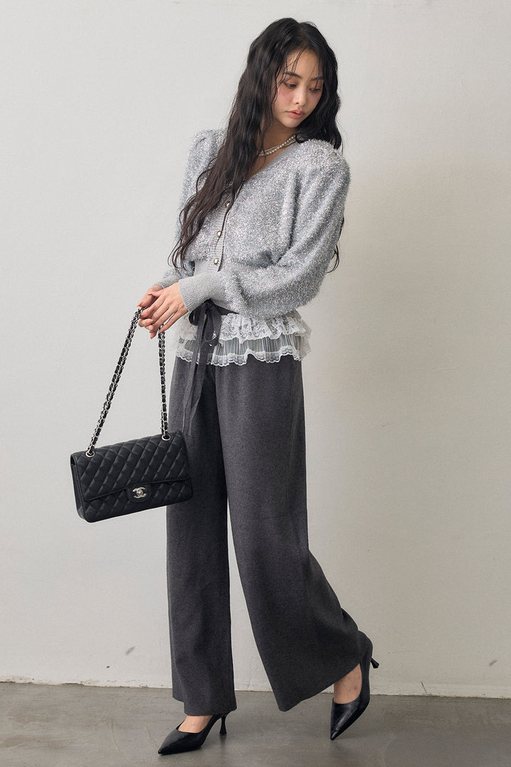 [予約/SET]コンシャスショルダーシャイニーニットカーデ+ウエストレースニットストレートパンツ(2set)