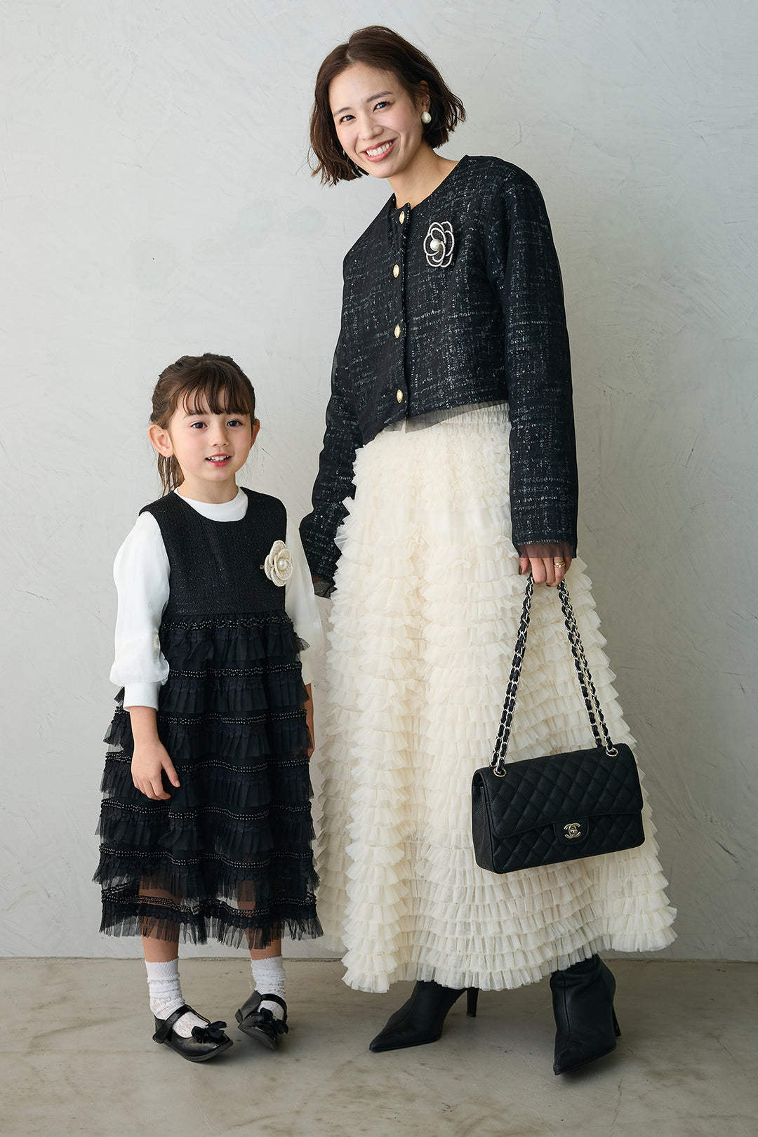 [予約/親子SET][kids]ティアードプリーツパールワンピセット+ツイード×チュールレイヤードクロップドジャケット+ホイップチュールティアードスカート(3set)