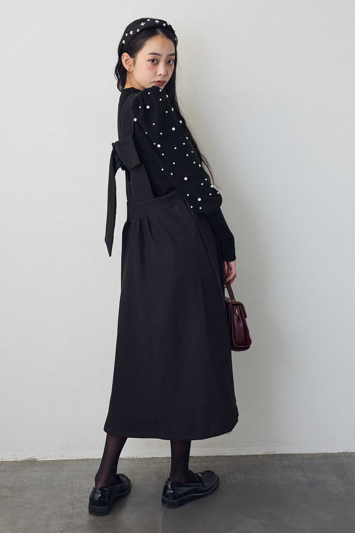 予約/SET]パフスリーブランダムパールニット+前後2wayバックリボン