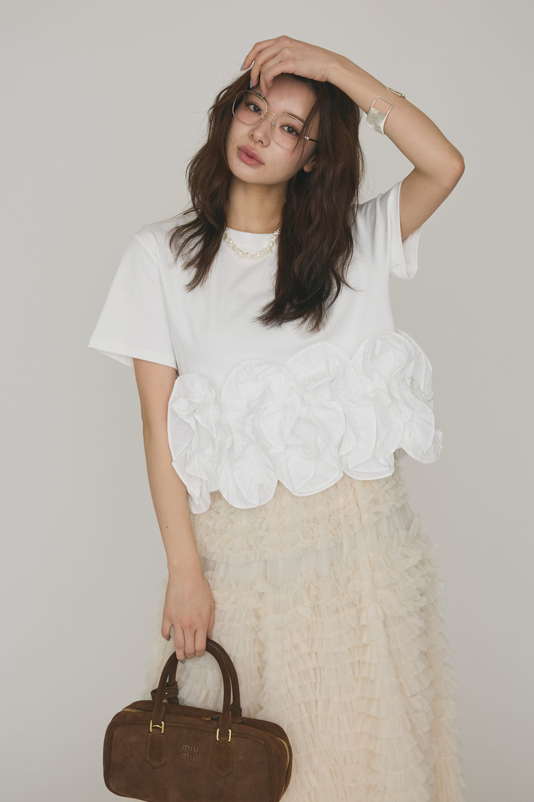 [予約/SET]フリルウェーブヘムカットTシャツ+ホイップチュールティアードスカート(2set)